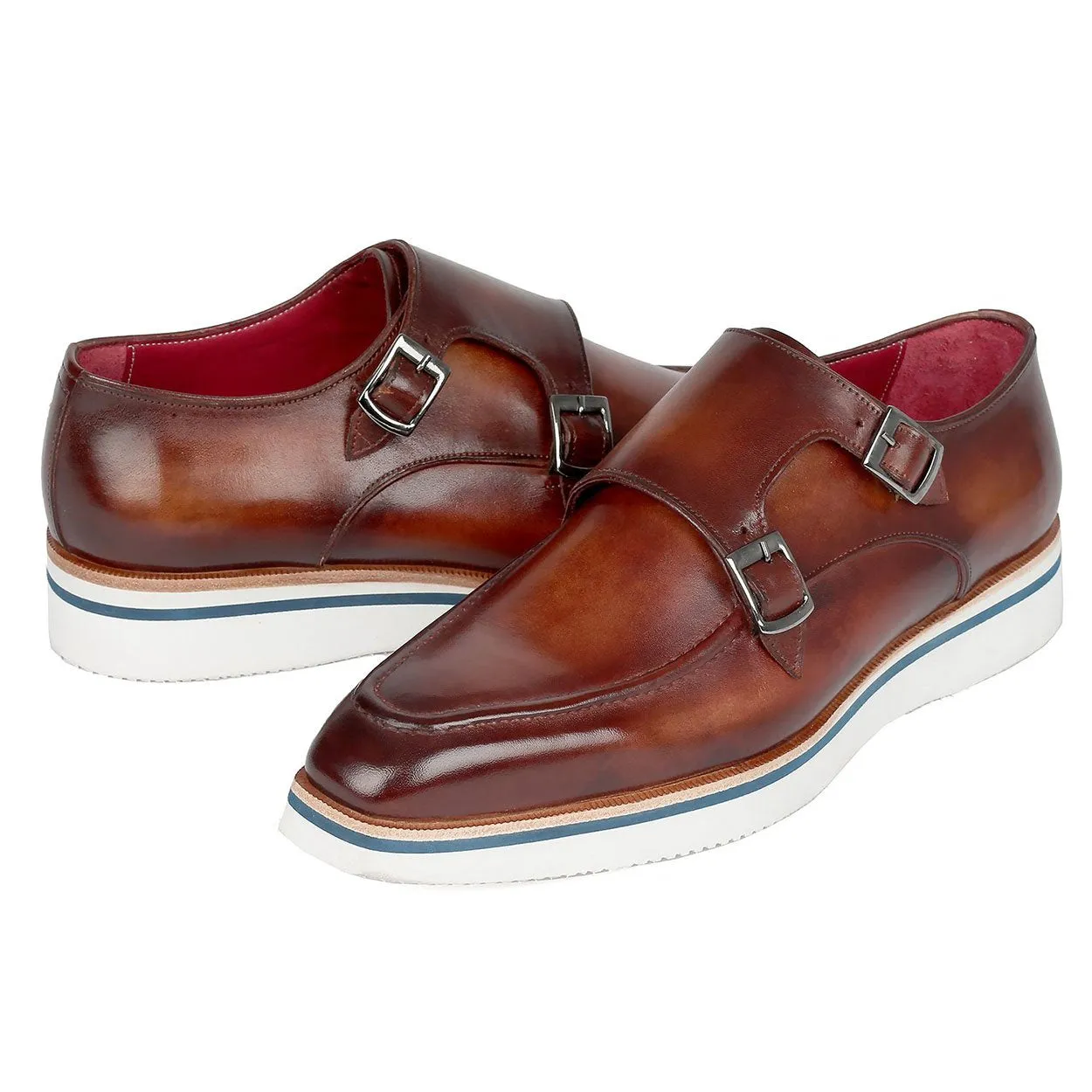 Paul Parkman 189-BRW-LTH Men's Shoes Brown Calf-Skin Leather Monk-Straps Loafers (PM6297)