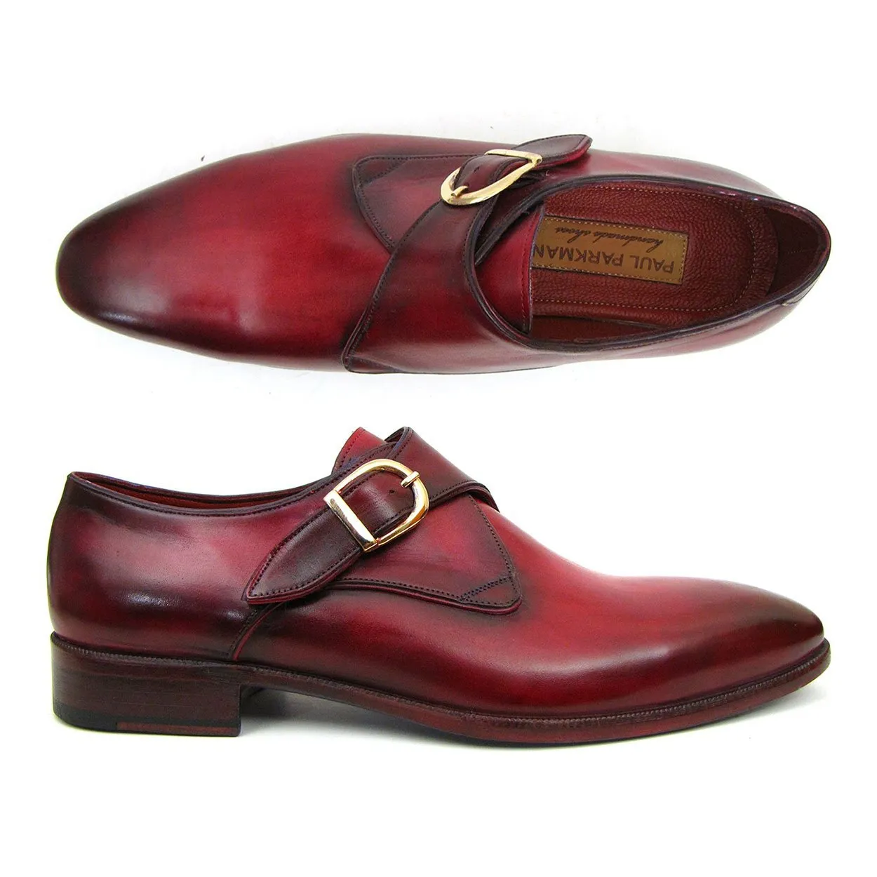 Paul Parkman DW984P Men's Shoes Burgundy Calf-Skin Leather Monk-Strap Loafers (PM6291)