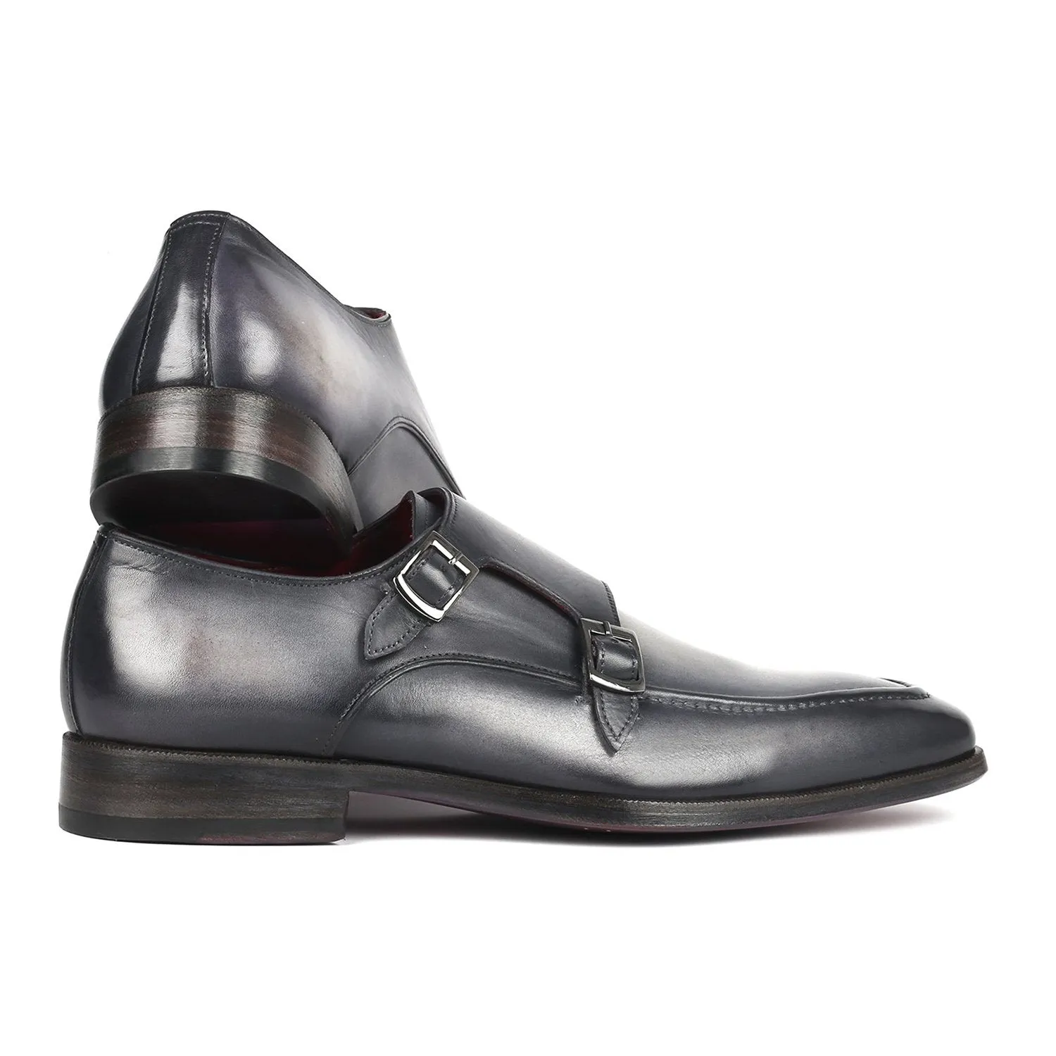 Paul Parkman SW534GY Men's Shoes Gray Calf-Skin Leather Monk-Straps Loafers (PM6313)