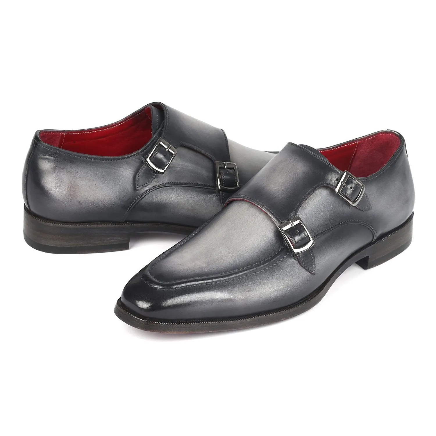 Paul Parkman SW534GY Men's Shoes Gray Calf-Skin Leather Monk-Straps Loafers (PM6313)