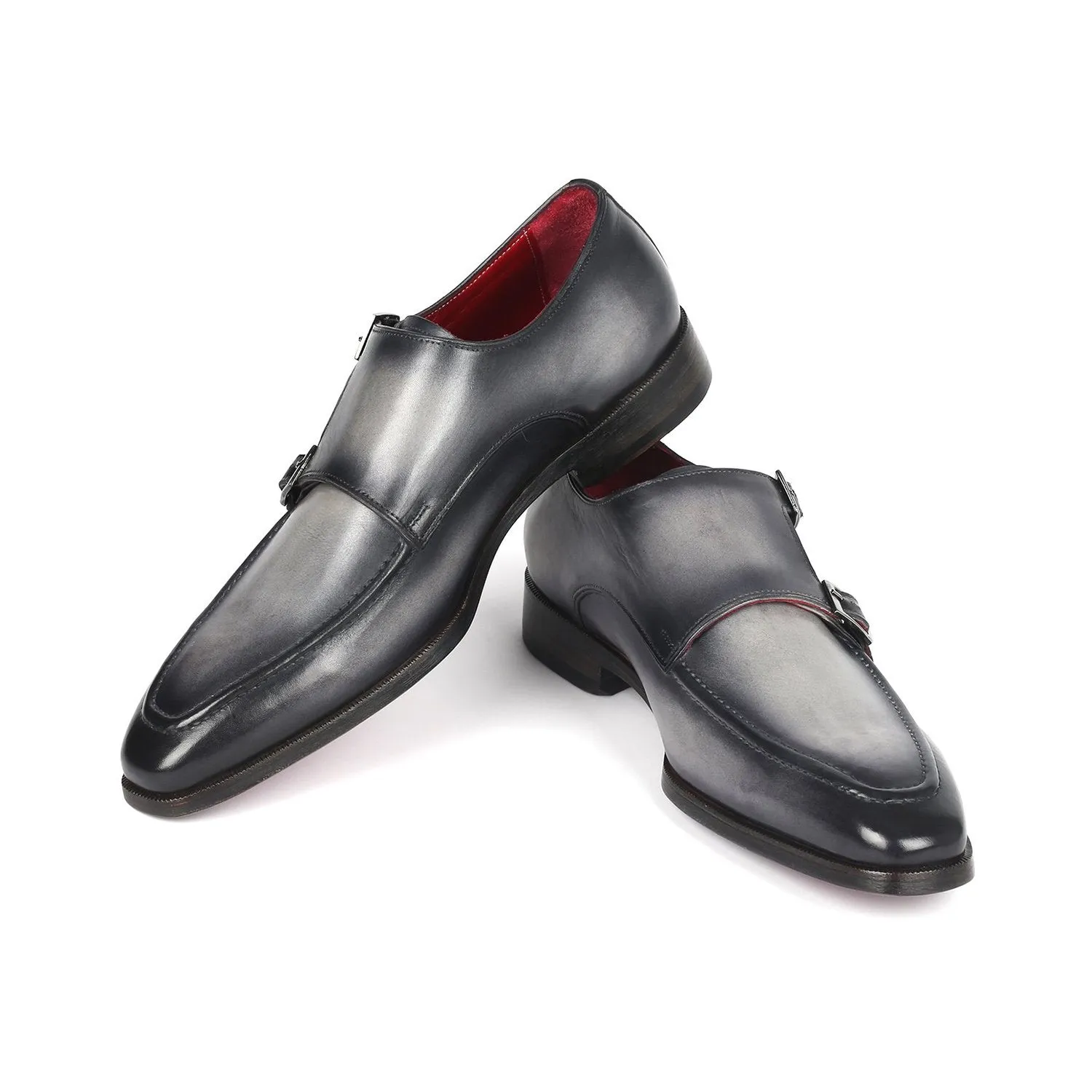 Paul Parkman SW534GY Men's Shoes Gray Calf-Skin Leather Monk-Straps Loafers (PM6313)