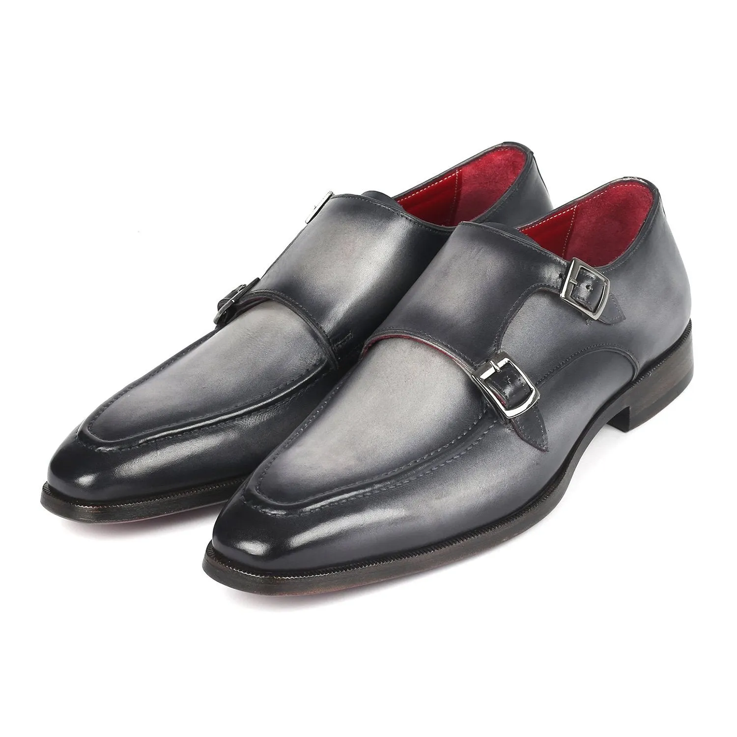 Paul Parkman SW534GY Men's Shoes Gray Calf-Skin Leather Monk-Straps Loafers (PM6313)