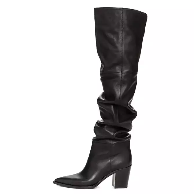 Spring Autumn Punk Pointed Toe Square Heels Women Over The Knee Boots Leather Boots