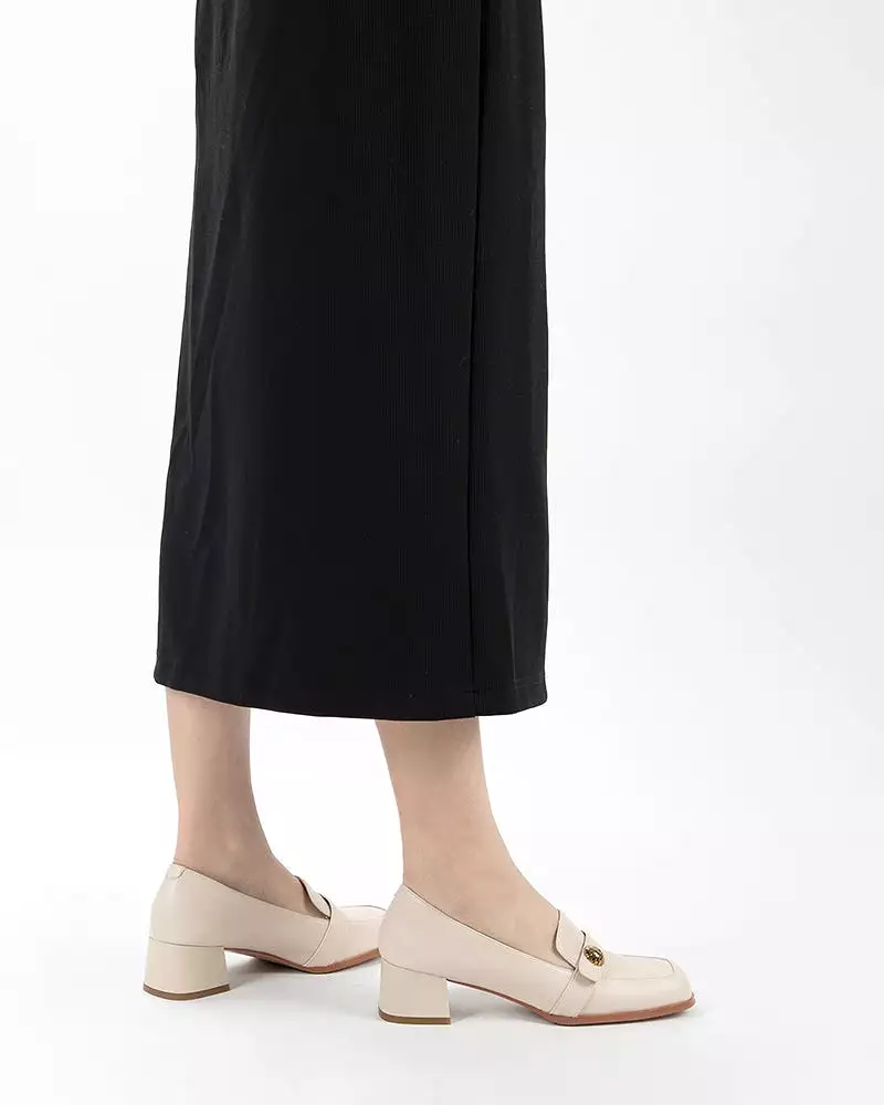 Square Toe Comfortable Leather Low Block Heel Loafers