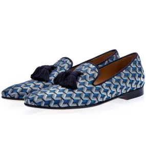 SUPERGLAMOUROUS Louis Labaria Men's Shoes Navy Jacquard Canvas Tassels Loafers (SPGM1006)