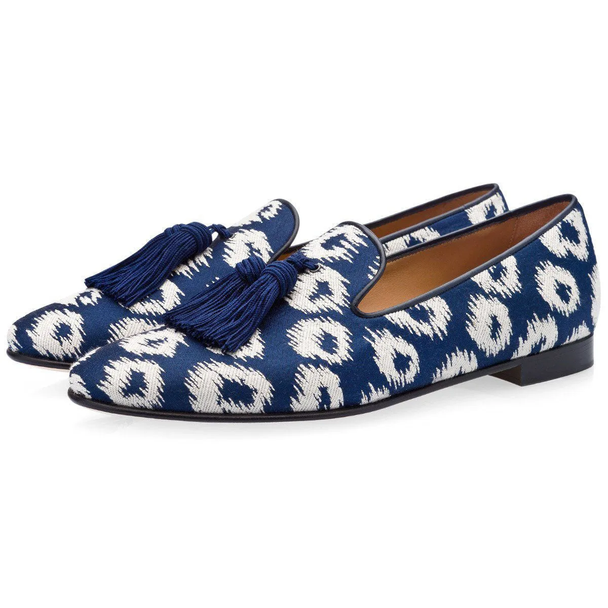 SUPERGLAMOUROUS Louis Rivareno Men's Shoes Navy & Cream Jacquard Canvas Tassels Loafers (SPGM1003)