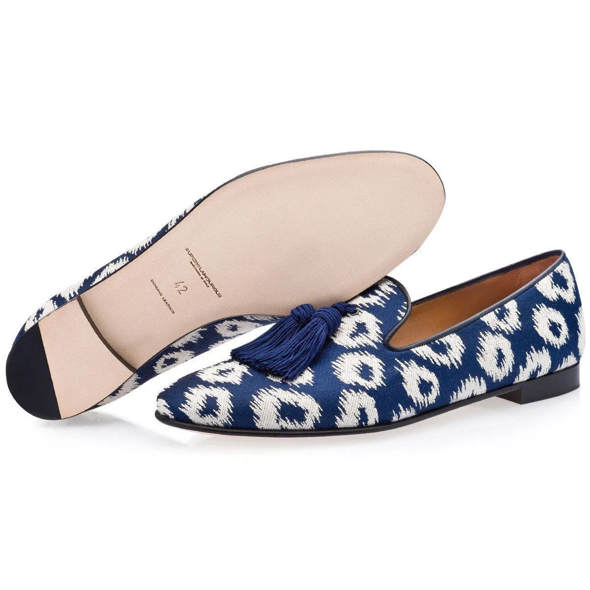 SUPERGLAMOUROUS Louis Rivareno Men's Shoes Navy & Cream Jacquard Canvas Tassels Loafers (SPGM1003)