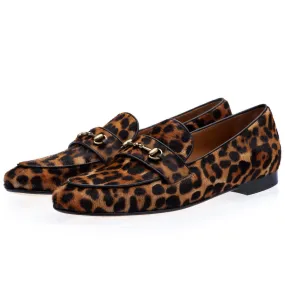 SUPERGLAMOUROUS Morris Men's Shoes Orange & Black Leopard Print / Pony Horsebit Loafers (SPGM1005)