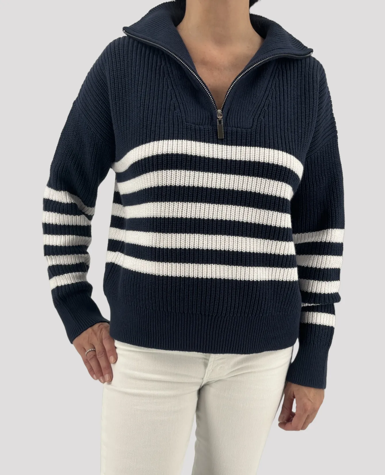 The Half Zip Shaker Sweater in Navy and White