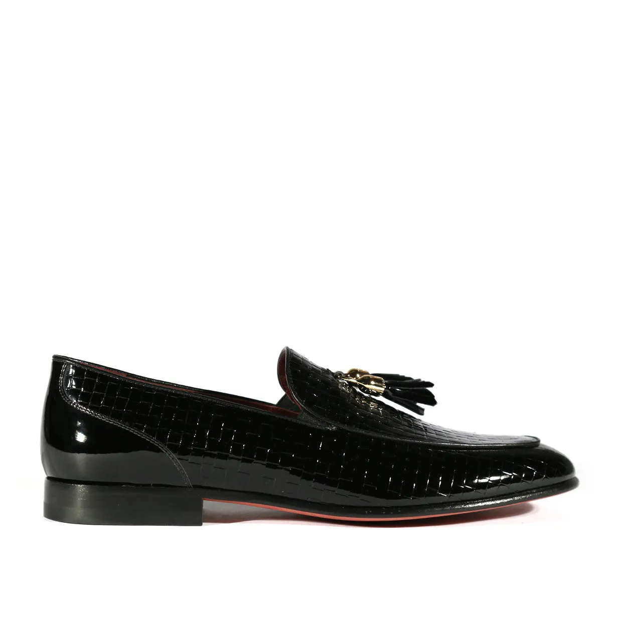 Valentino 19673 Men's Shoes Black Woven Patent Leather Tassels Loafers (VAL1005)