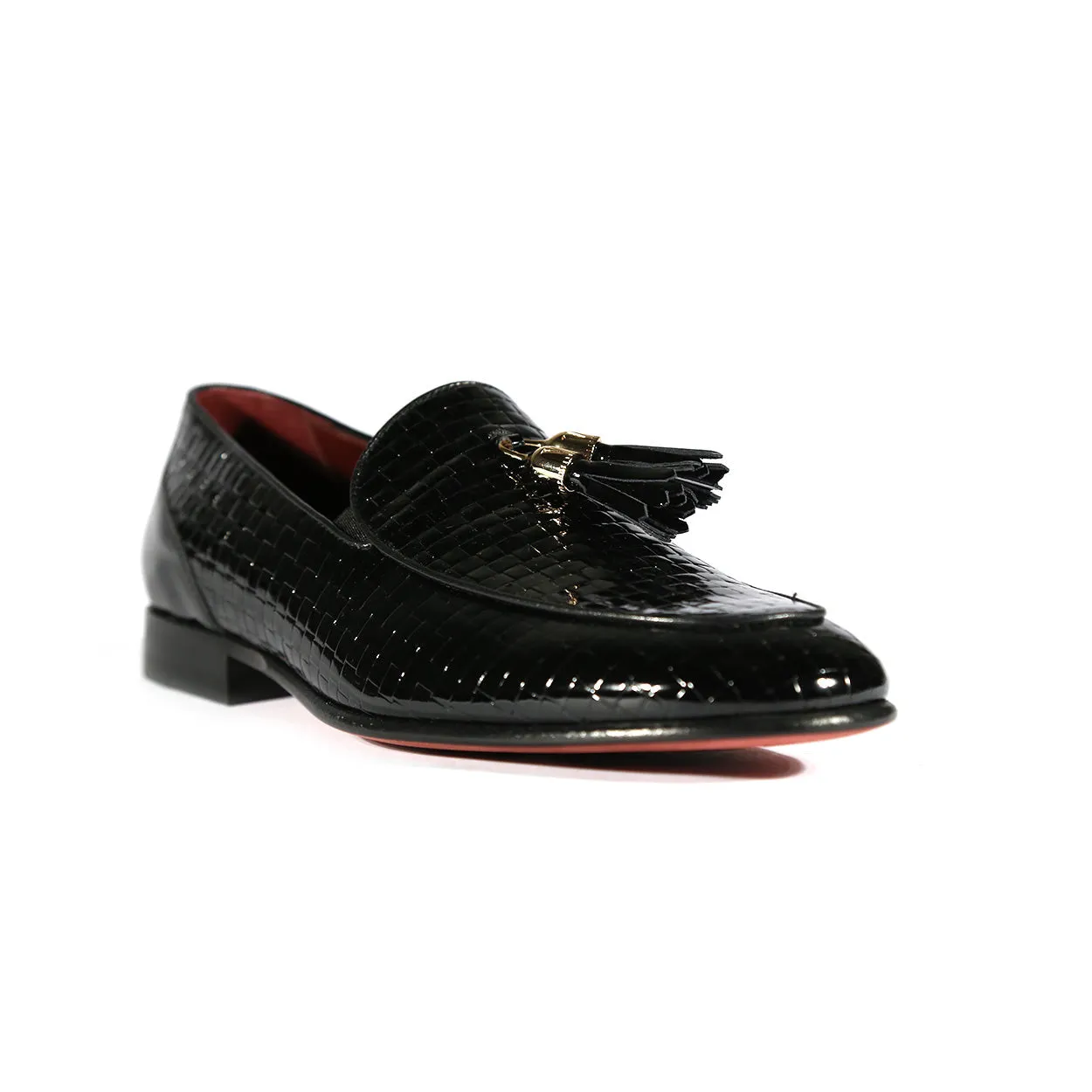 Valentino 19673 Men's Shoes Black Woven Patent Leather Tassels Loafers (VAL1005)