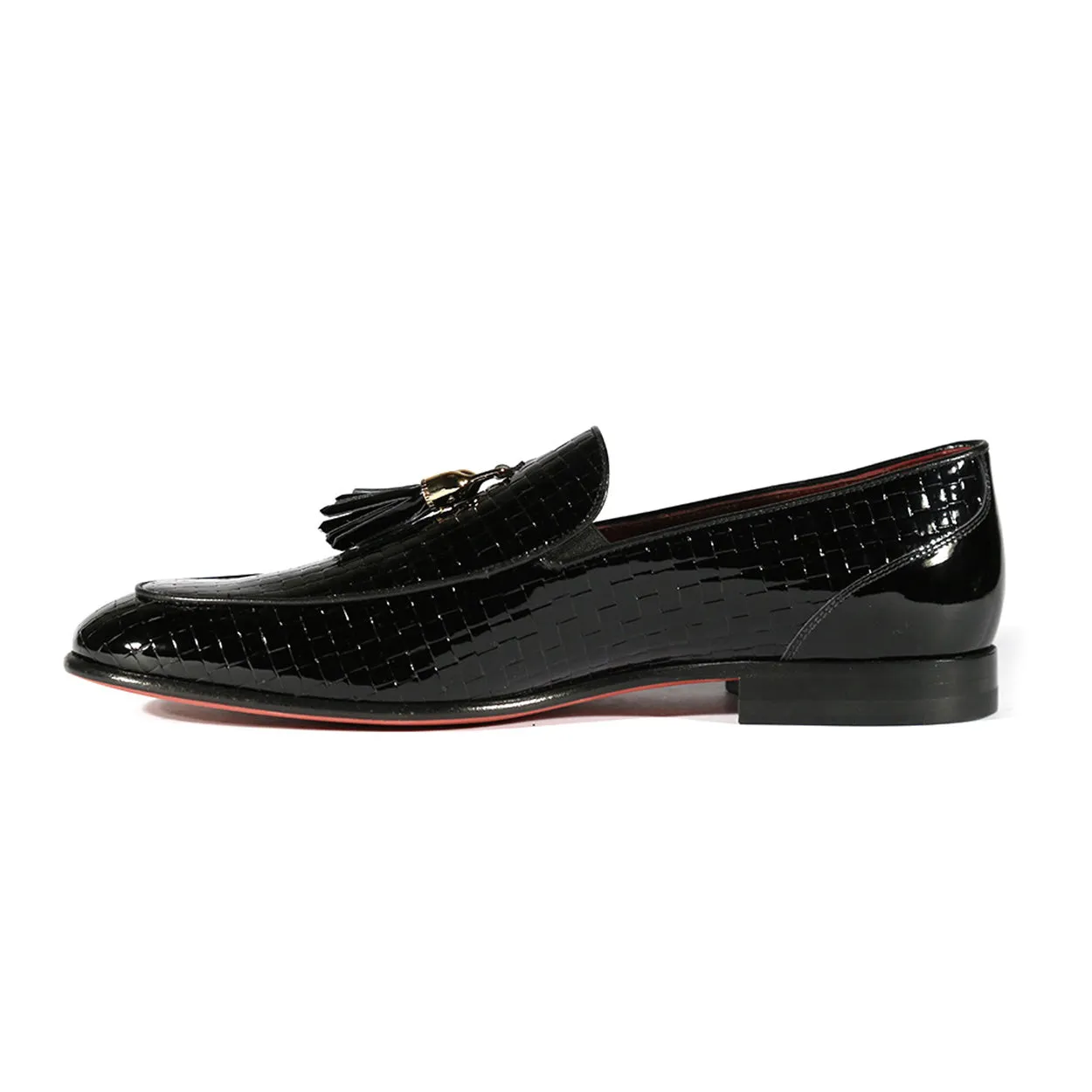 Valentino 19673 Men's Shoes Black Woven Patent Leather Tassels Loafers (VAL1005)