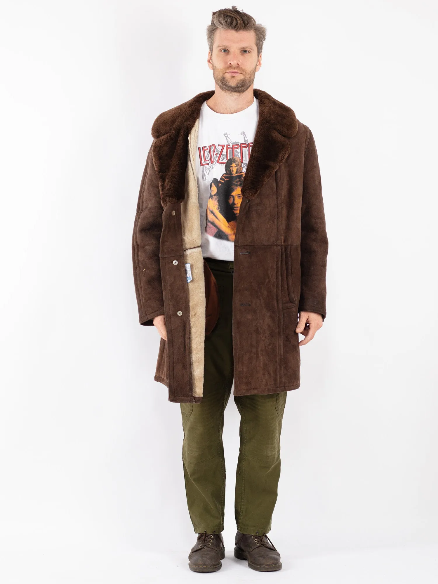 Vintage 70's Men Sheepskin Shearling Coat in Brown