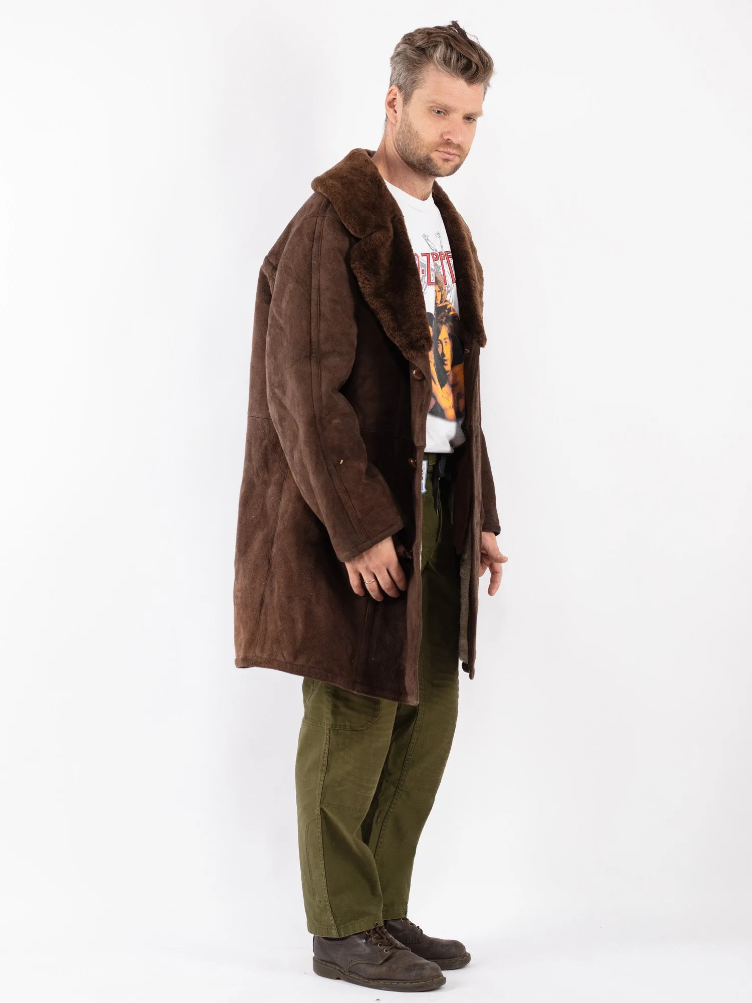 Vintage 70's Men Sheepskin Shearling Coat in Brown