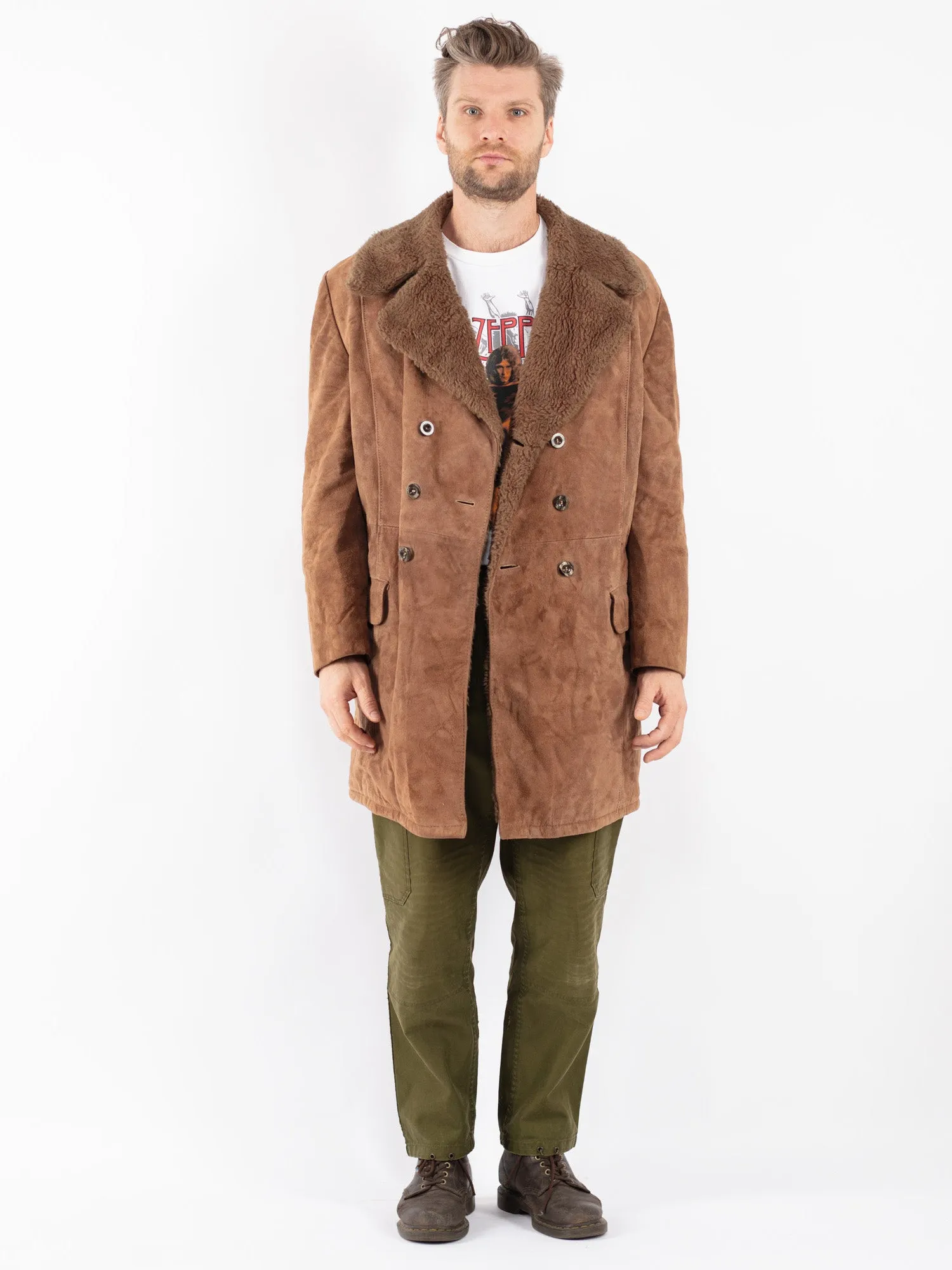 Vintage 70's Men Suede Sherpa Coat in Beige