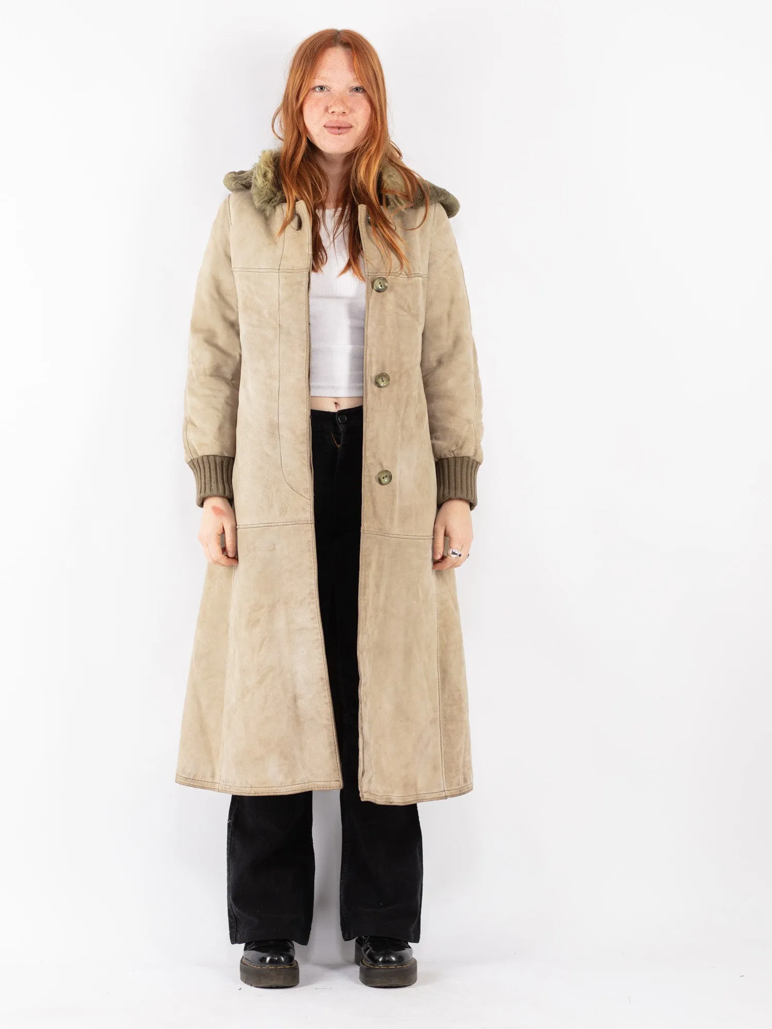 Vintage 70's Women Sheepskin Long Coat in Beige