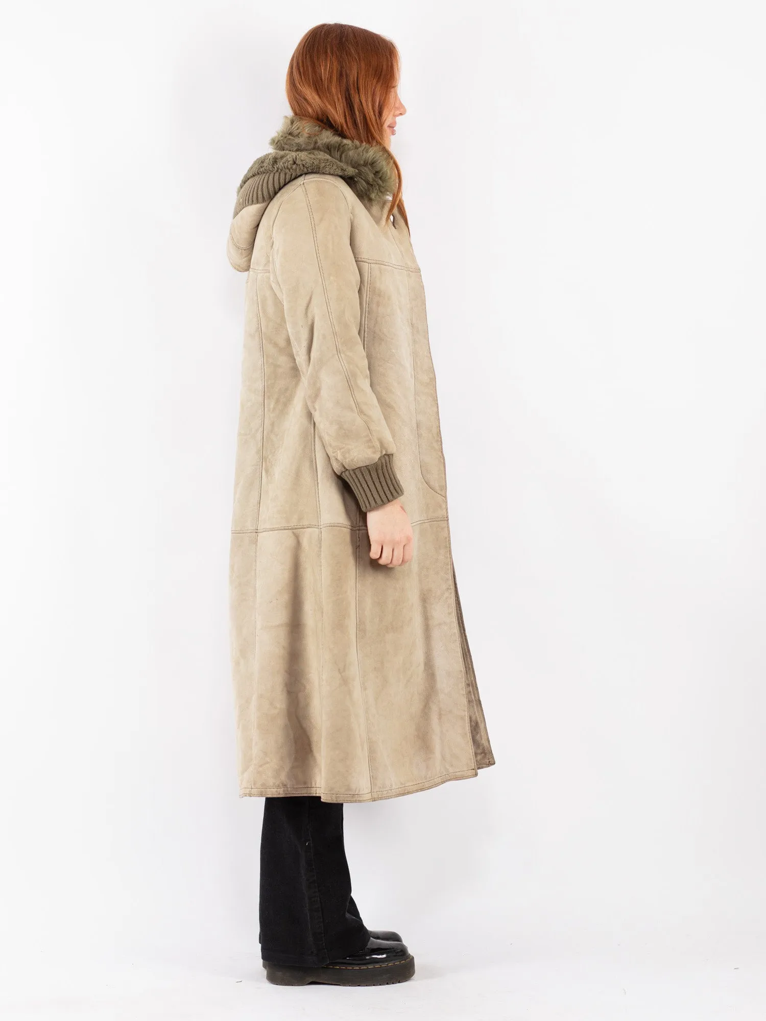 Vintage 70's Women Sheepskin Long Coat in Beige