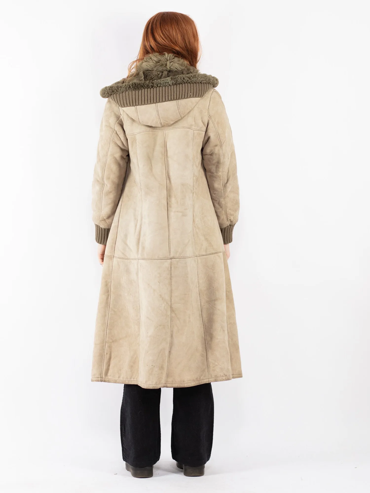 Vintage 70's Women Sheepskin Long Coat in Beige