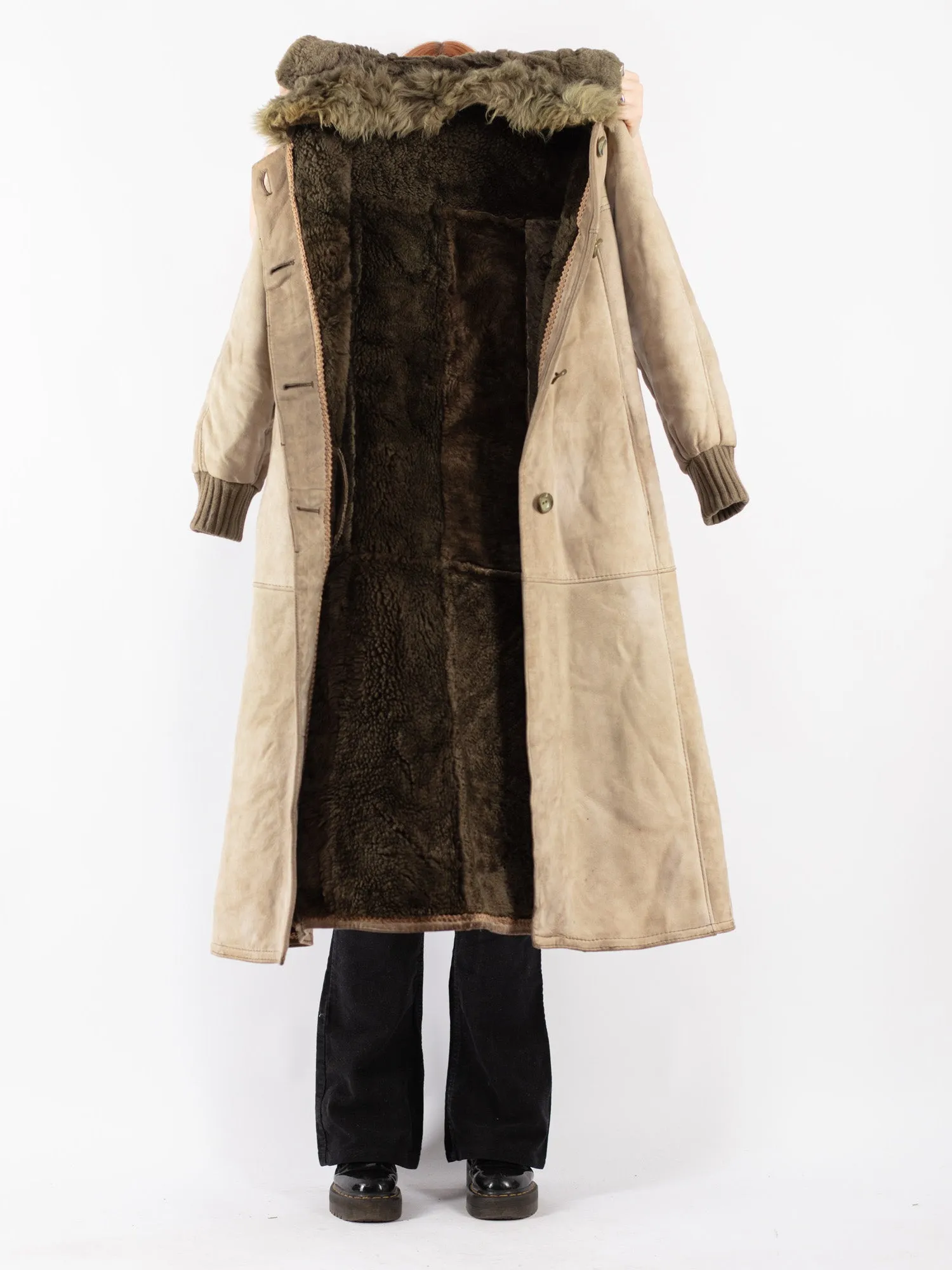 Vintage 70's Women Sheepskin Long Coat in Beige