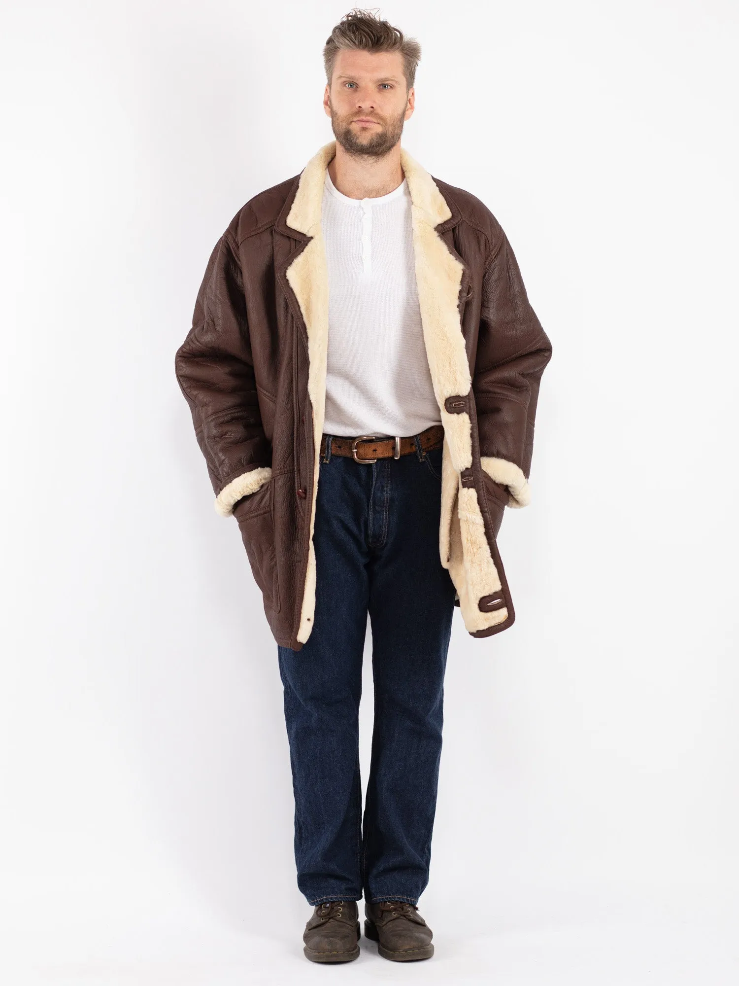 Vintage 80's Men Oversized Sheepskin Coat in Brown