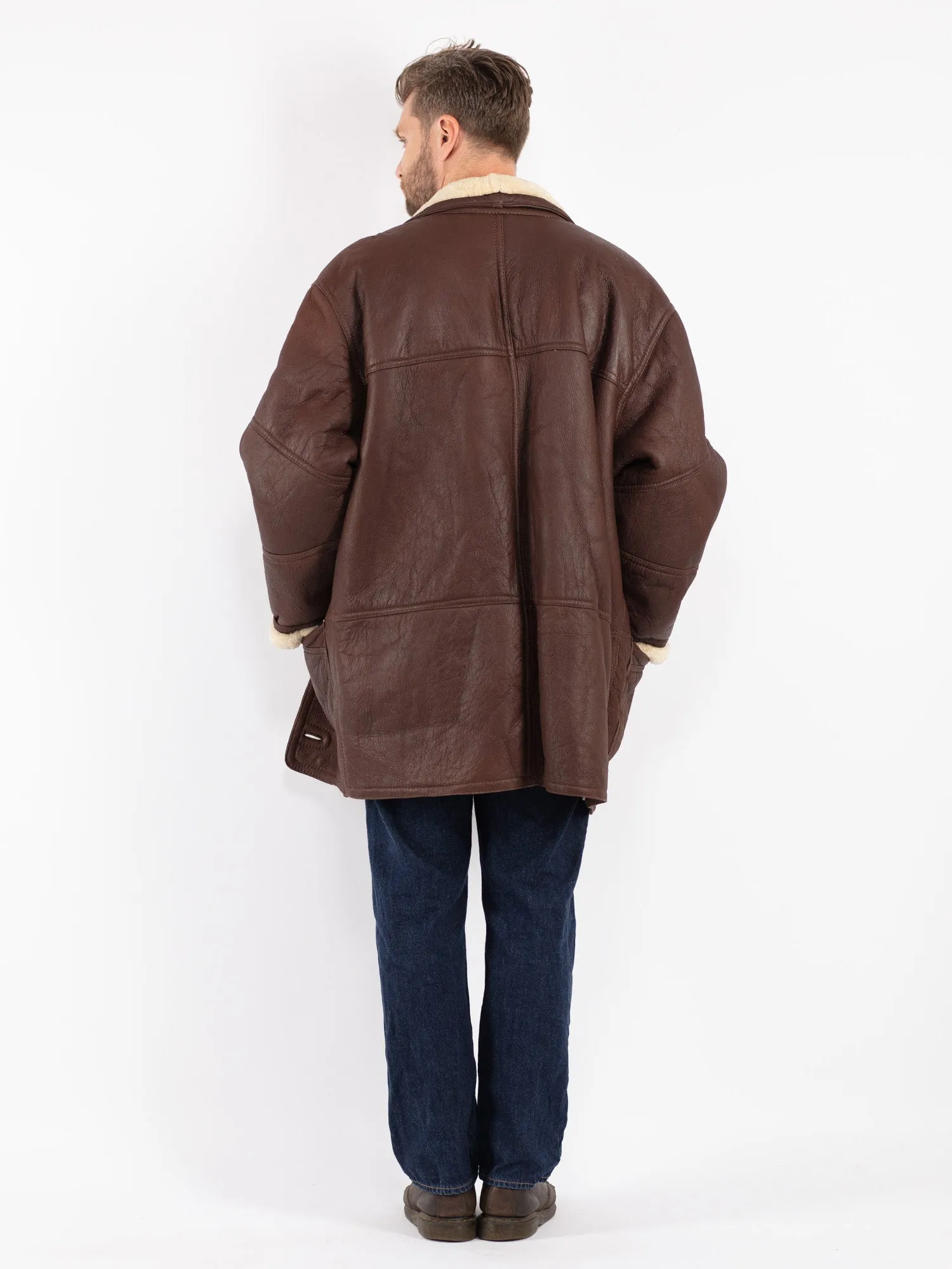 Vintage 80's Men Oversized Sheepskin Coat in Brown