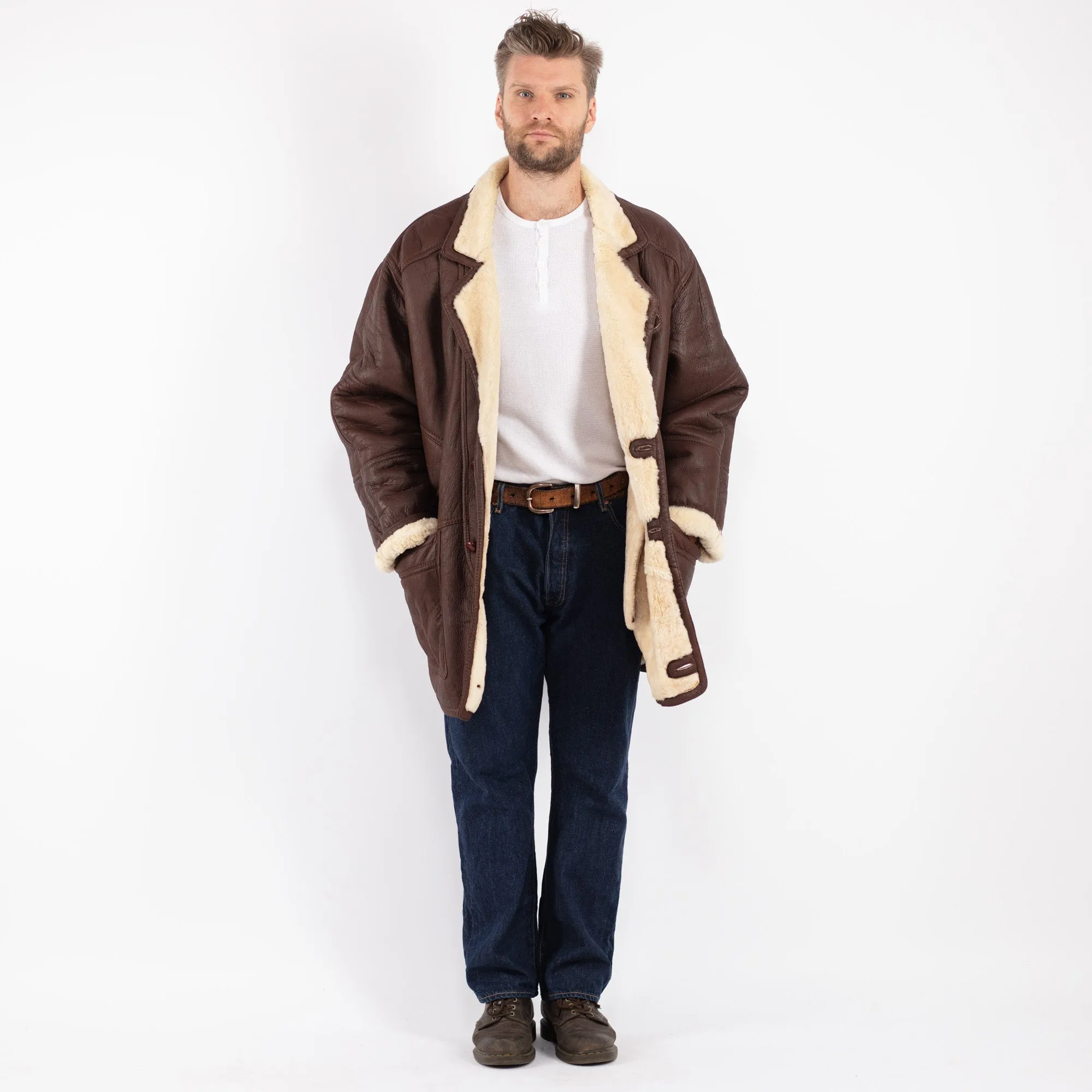 Vintage 80's Men Oversized Sheepskin Coat in Brown