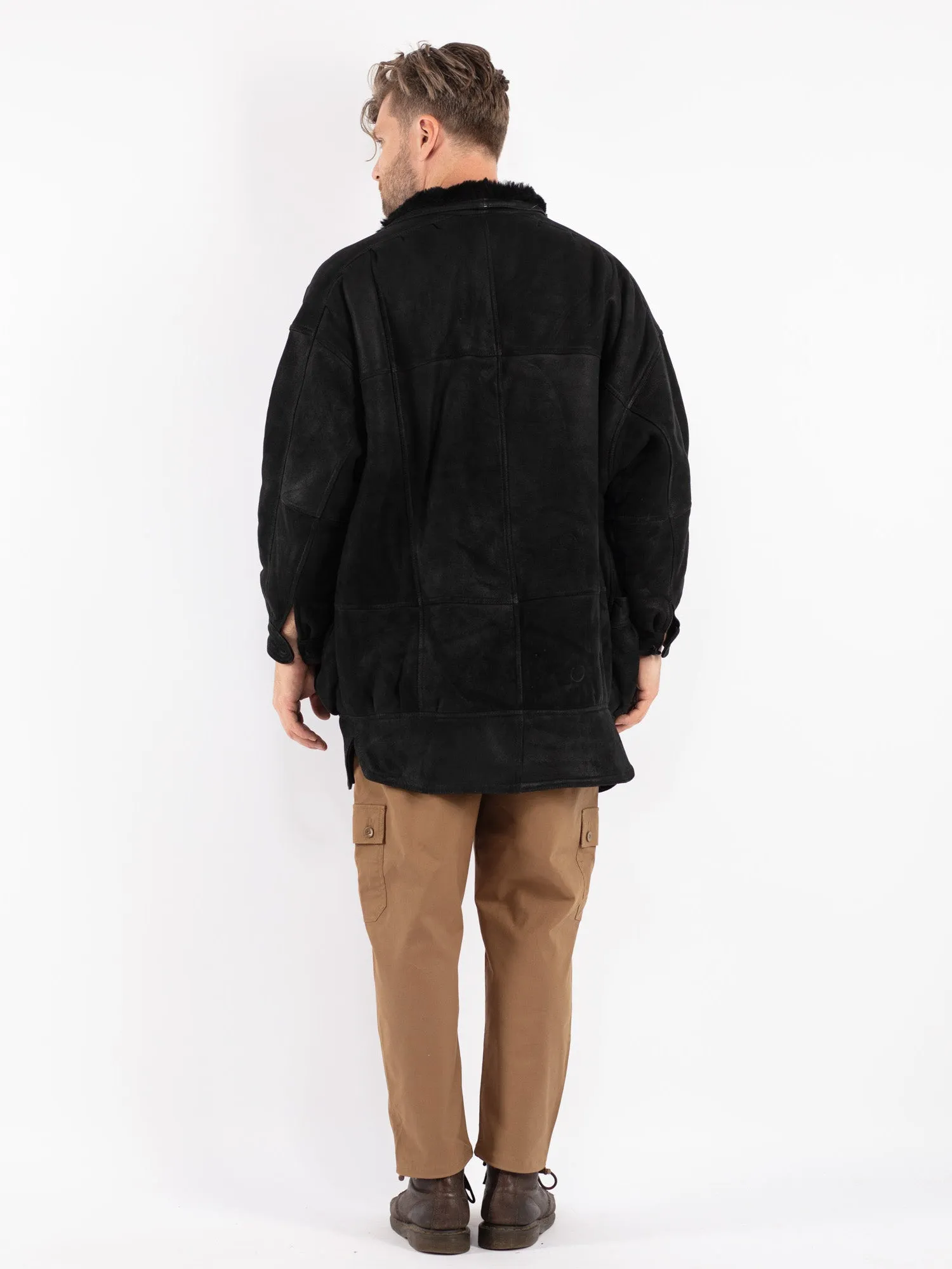 Vintage 80's Men Sheepskin Coat in Black