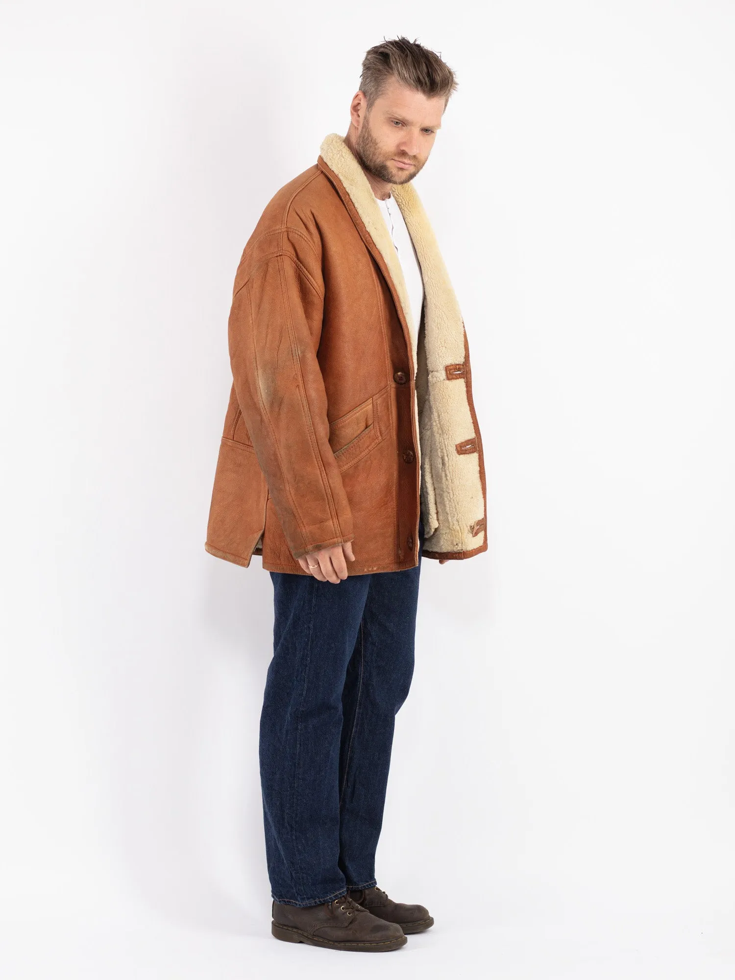 Vintage 80's Men Sheepskin Shearling Coat in Brown