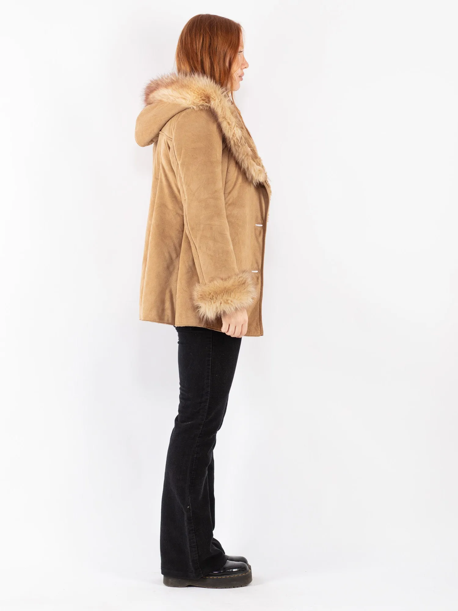 Vintage 90's Women Faux Sheepskin Coat in Beige