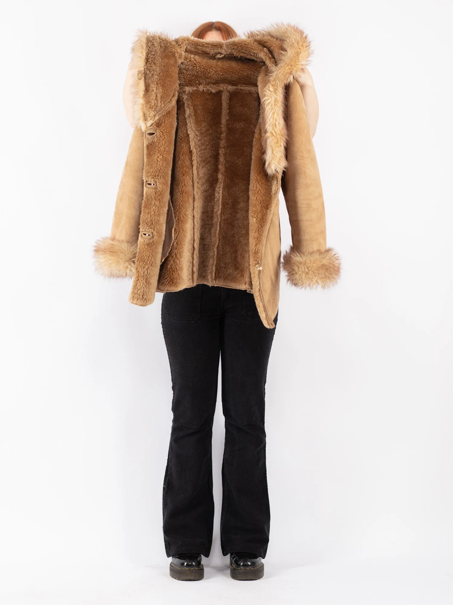 Vintage 90's Women Faux Sheepskin Coat in Beige