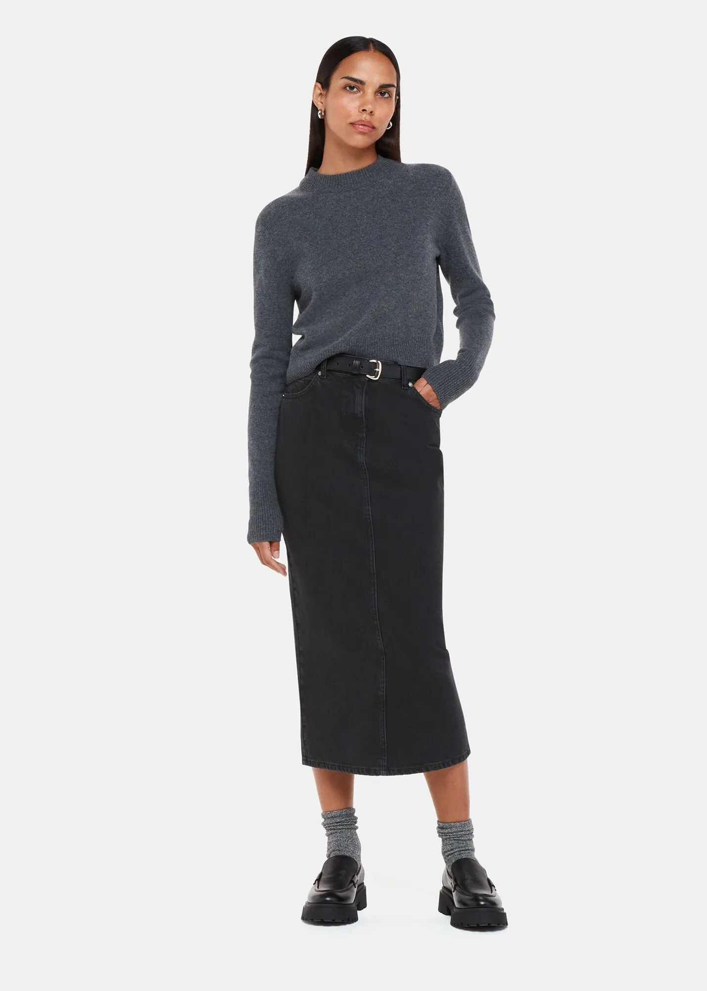 Washed Black Straight Denim Midi Skirt