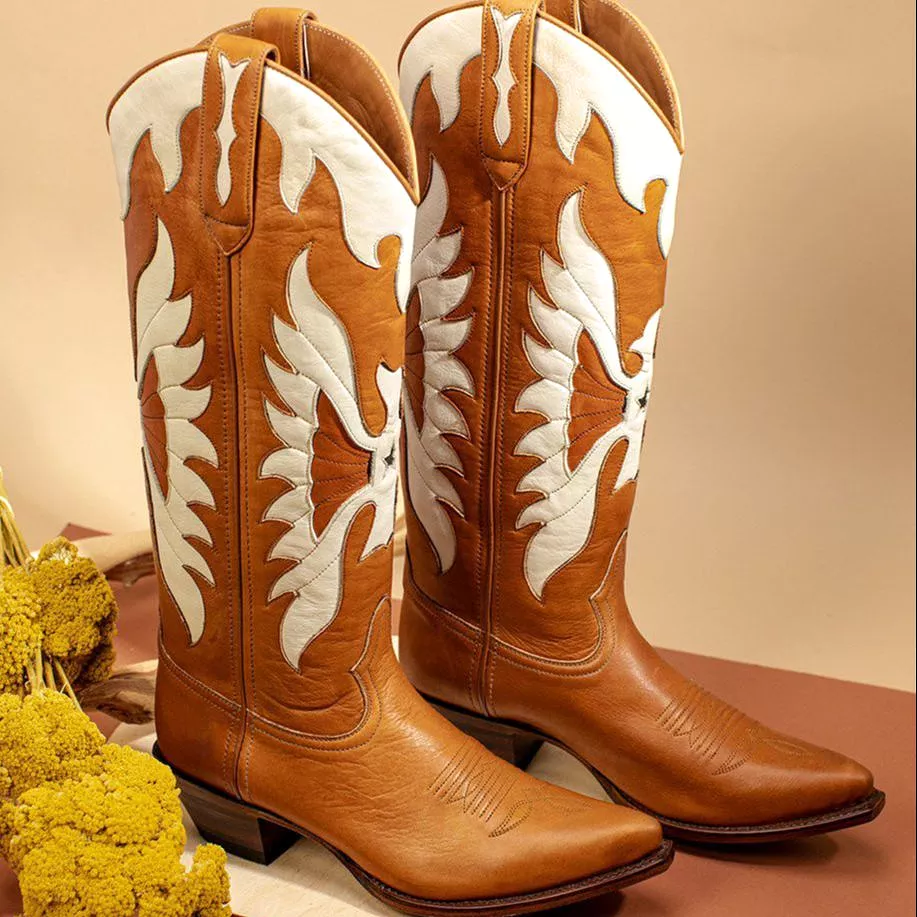 Western Cowboy Boots For Women Firebird Embroidery Leather Knee High Boot Country Western Brown Cowgirl Shoes