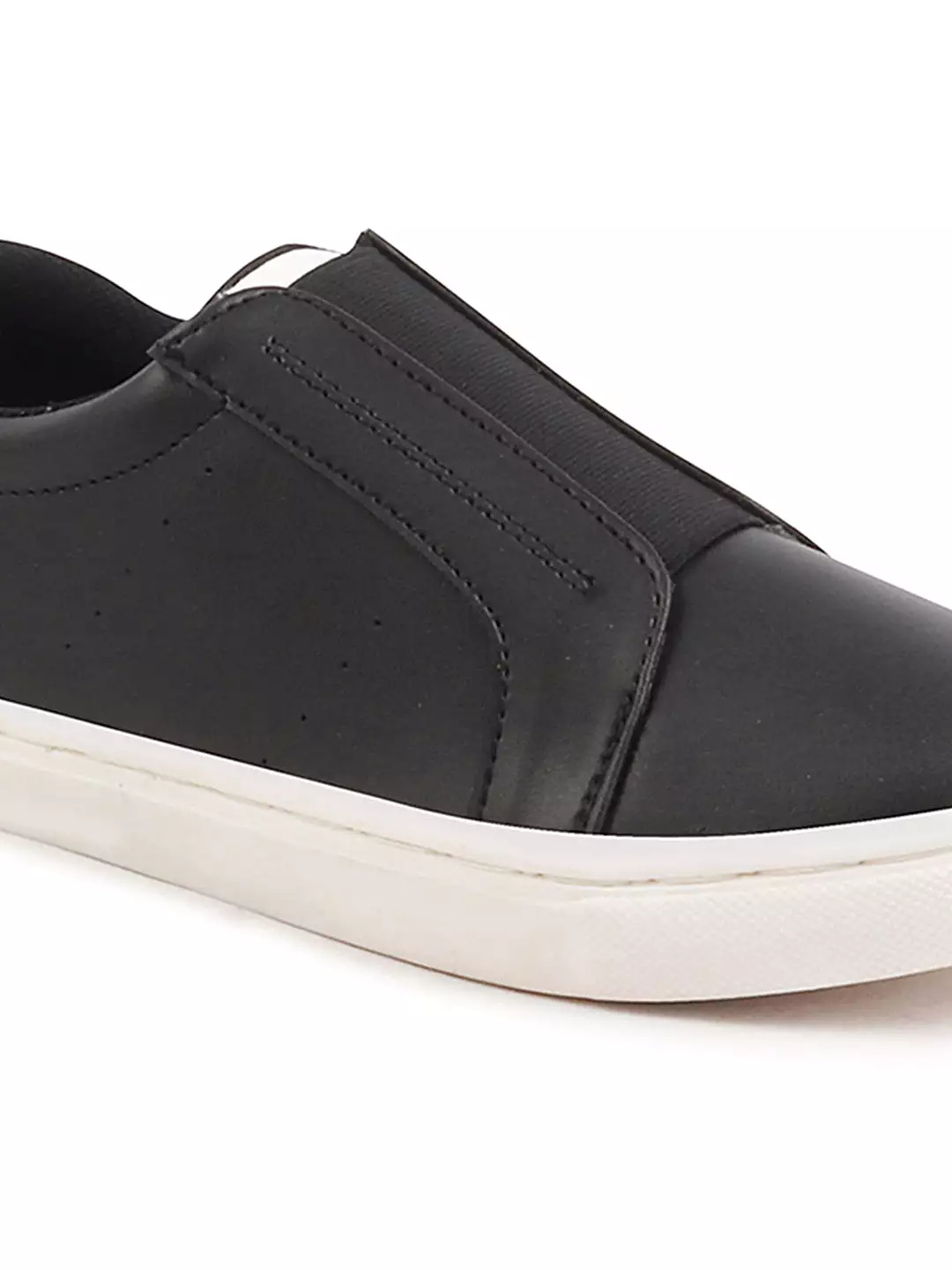 Women Black Elastic Closure Stitched Comfort Slip On Sneaker Shoes