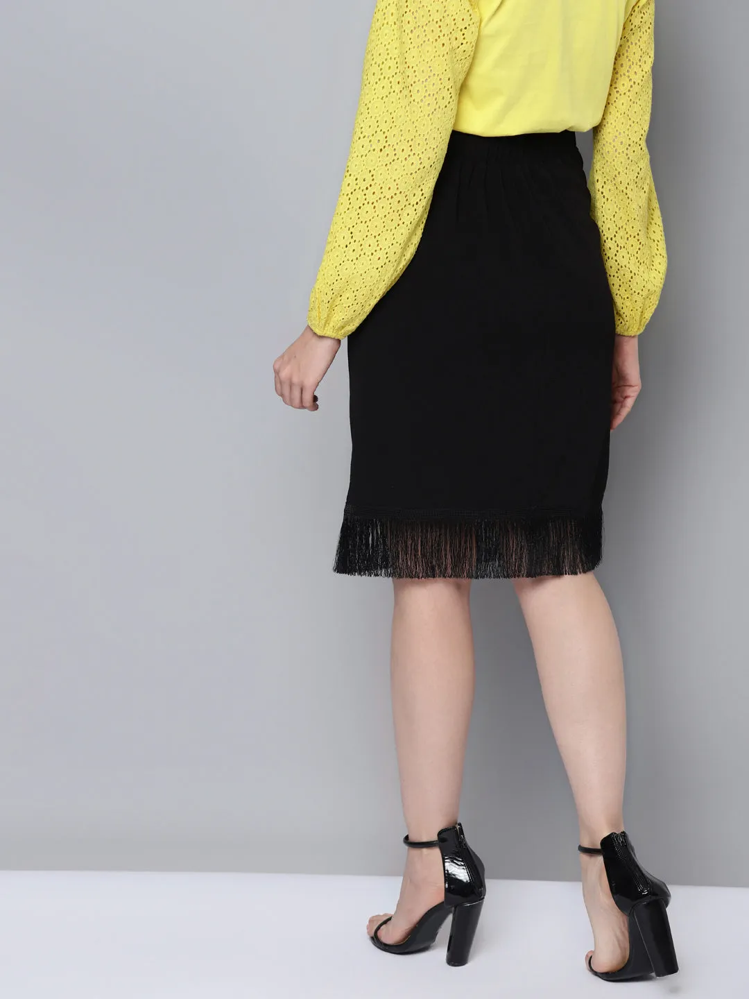 Women Black Fringe Lace Skirt