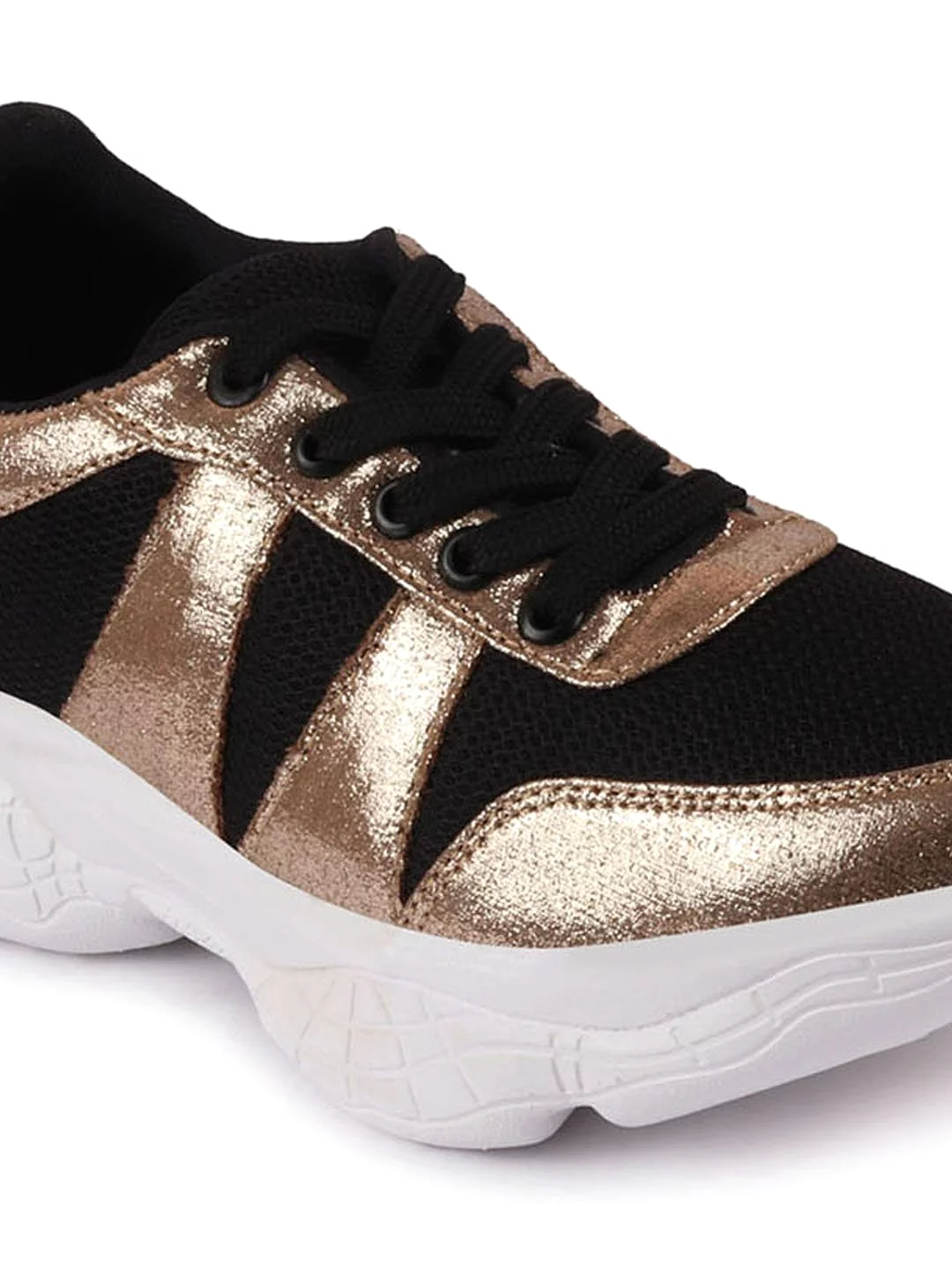 Women Black/Golden Lace Up Sneakers