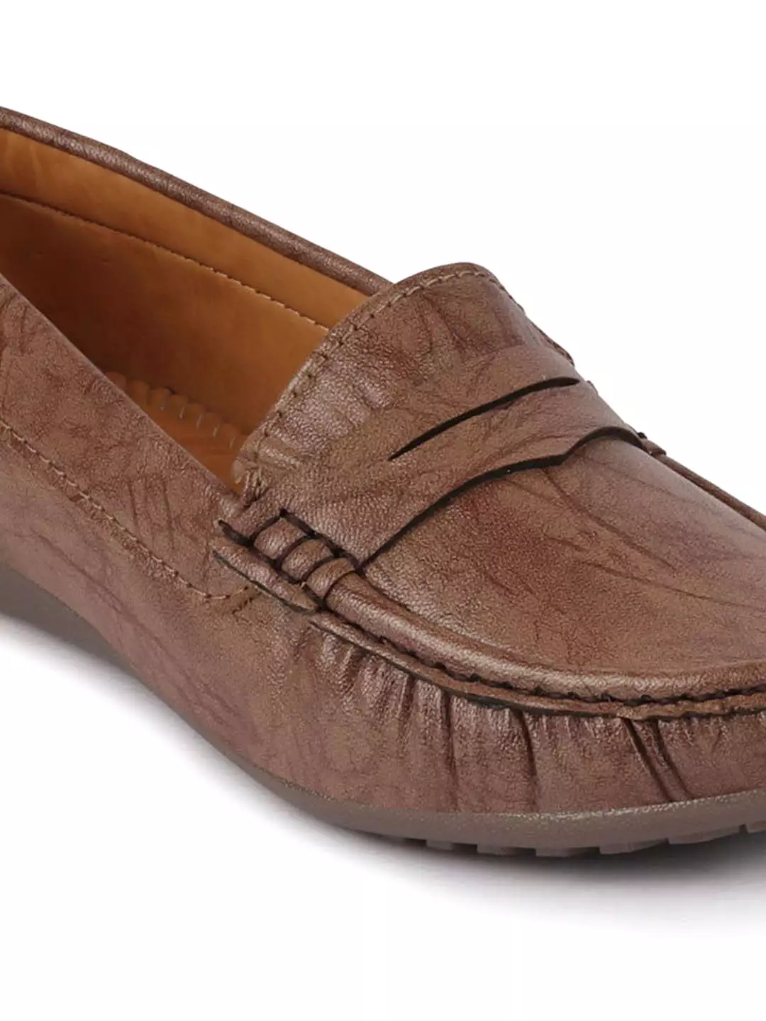 Women Brown Stitched Slip On Loafers