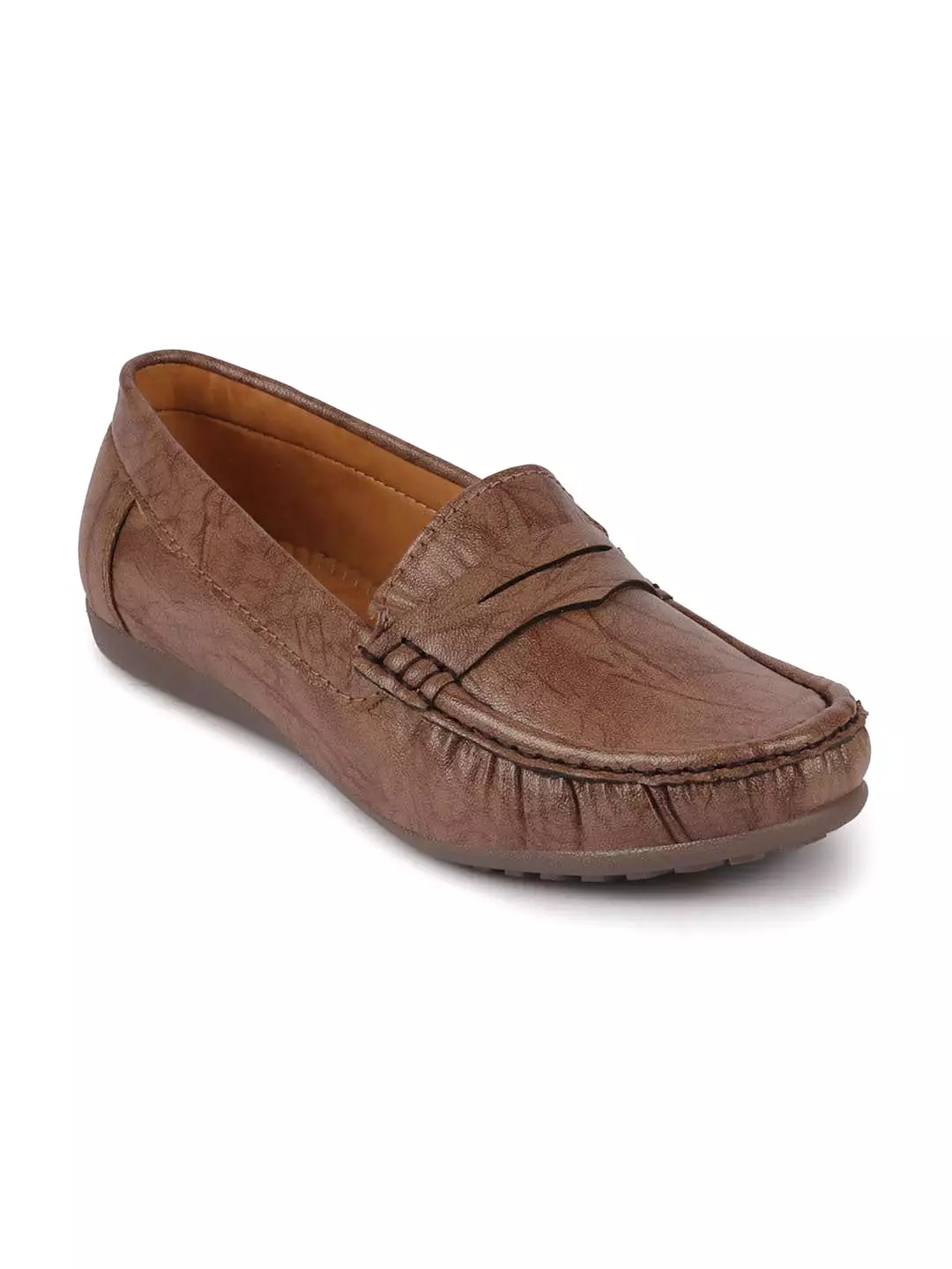 Women Brown Stitched Slip On Loafers