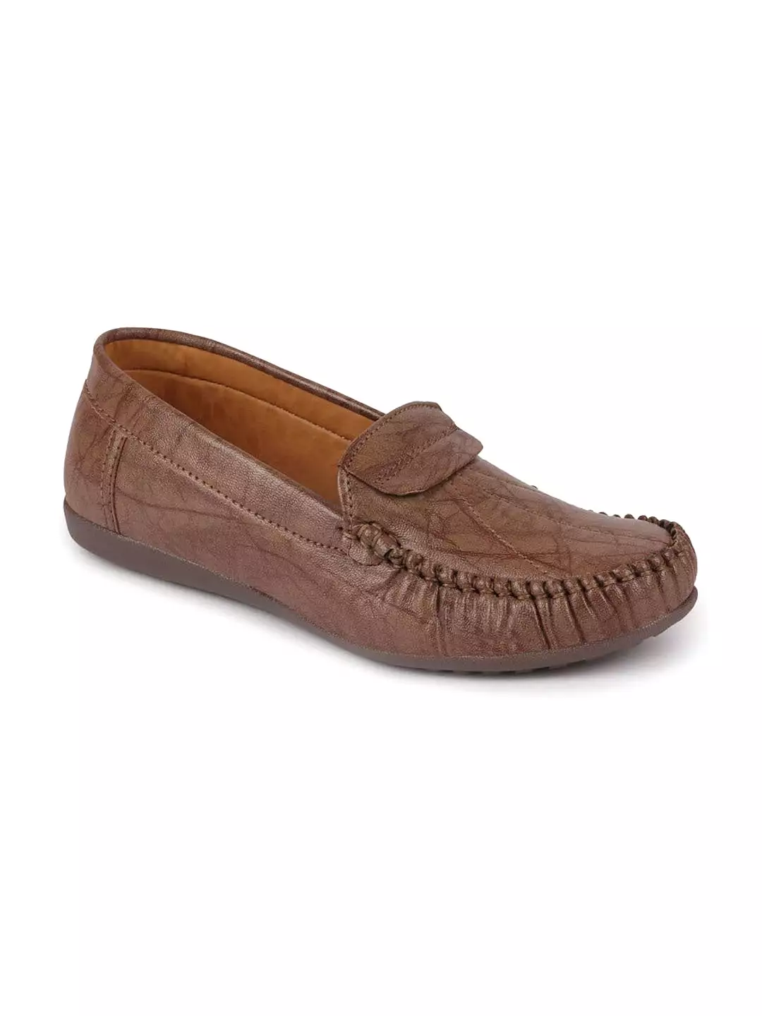 Women Brown Stitched Slip On Loafers