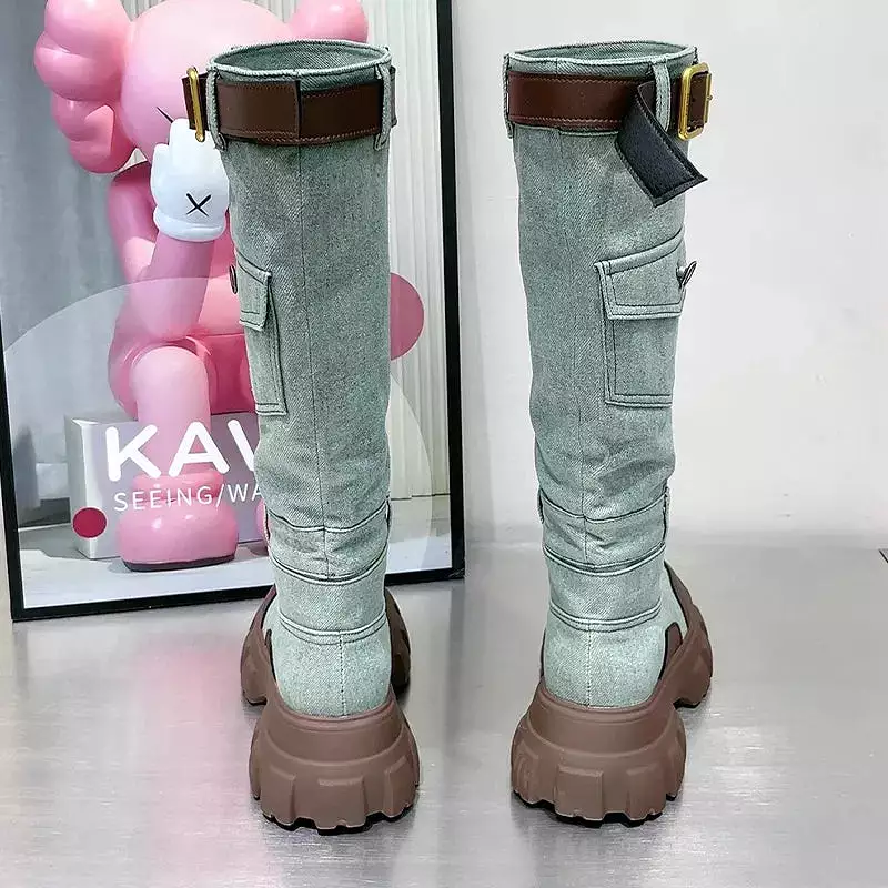 Women Casual Denim Boots Shoes Cowboy Chelsea Boots 2023 Winter Flats Boots