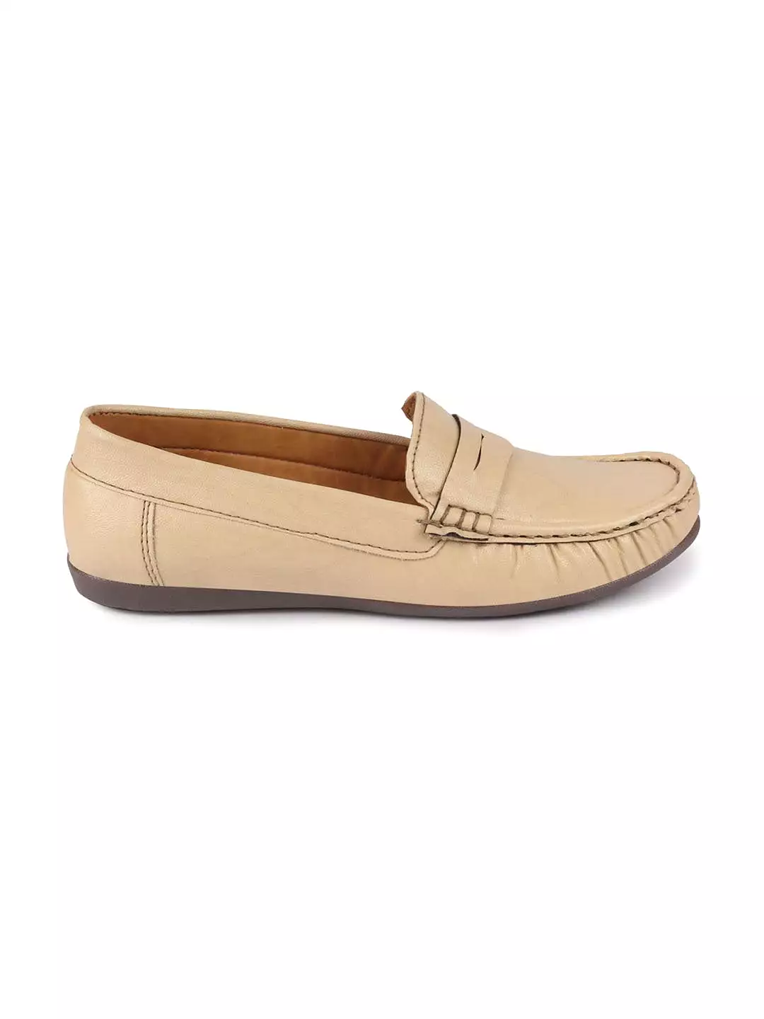 Women Cream Stitched Slip On Loafers