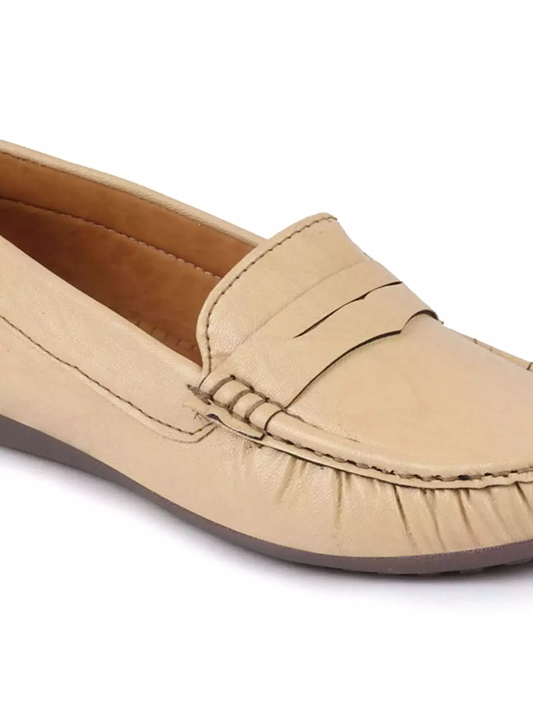 Women Cream Stitched Slip On Loafers