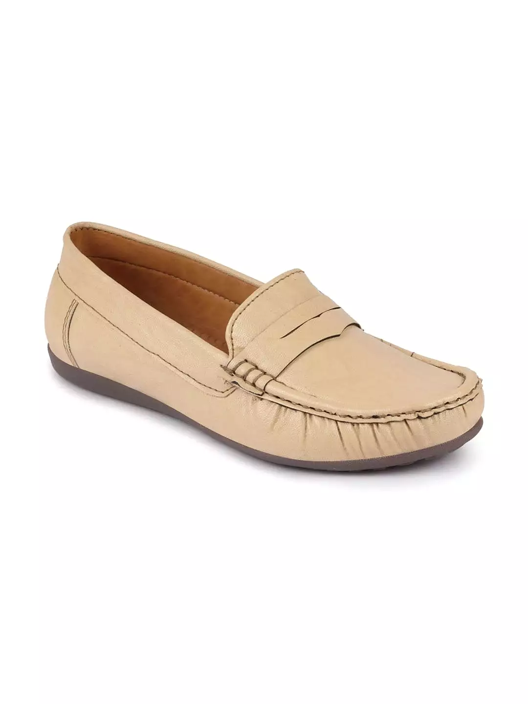 Women Cream Stitched Slip On Loafers