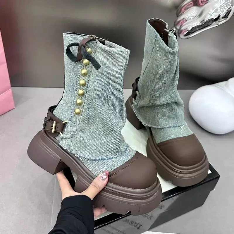 Women Flats Ankle Cowboy Chelsea Boots Winter Fad Platform Gladiator Goth Shoes 2023 New Chunky Motorcycle Botas Women Zapatos