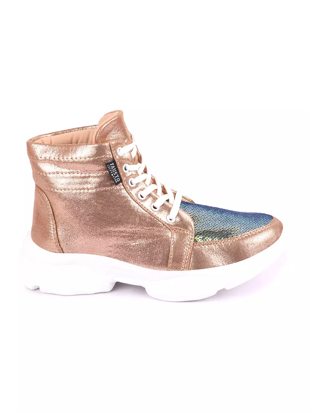 Women Golden High Ankle Lace Up Embellished Sneakers