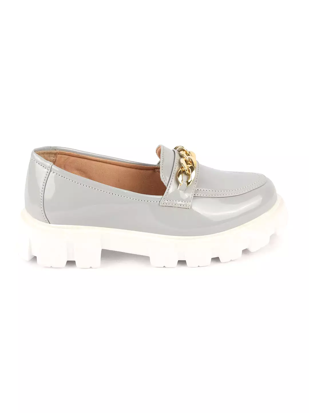 Women Grey Patent Leather Shiny Chain Buckle Classic Casual Slip On Loafer Shoes