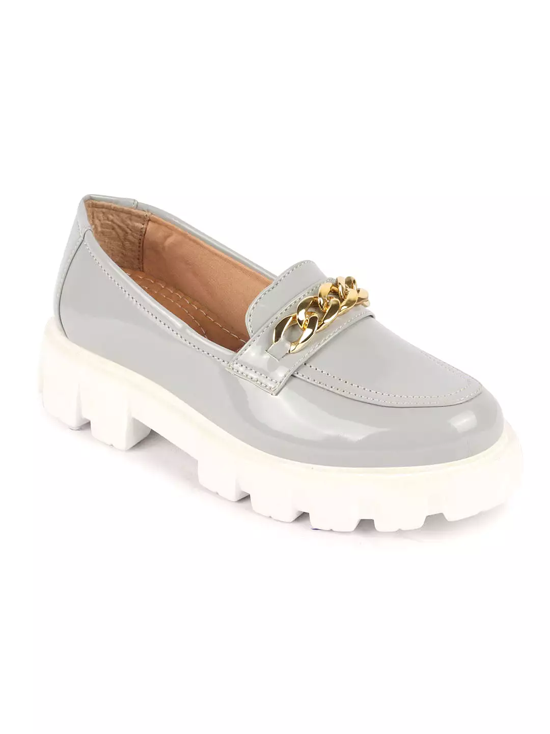 Women Grey Patent Leather Shiny Chain Buckle Classic Casual Slip On Loafer Shoes