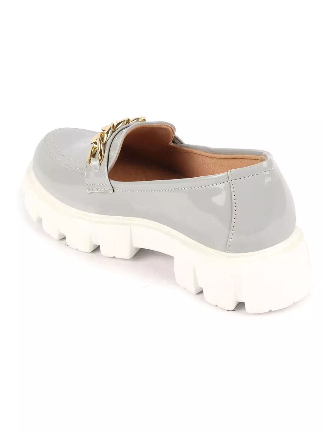 Women Grey Patent Leather Shiny Chain Buckle Classic Casual Slip On Loafer Shoes