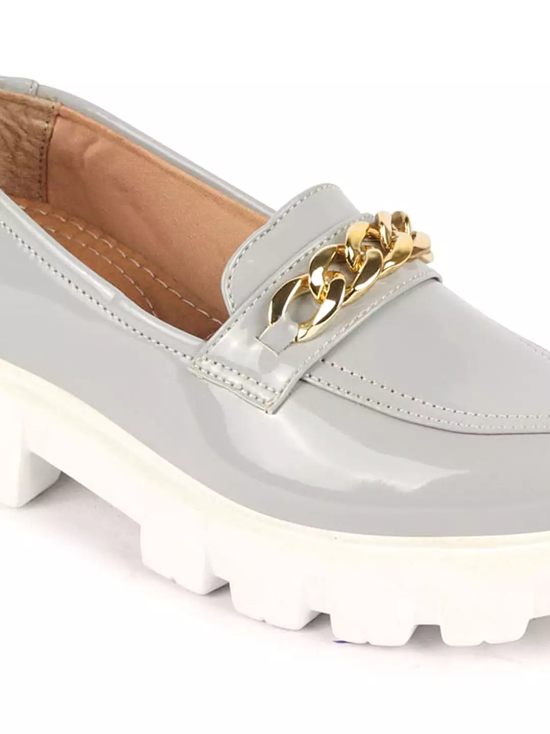 Women Grey Patent Leather Shiny Chain Buckle Classic Casual Slip On Loafer Shoes