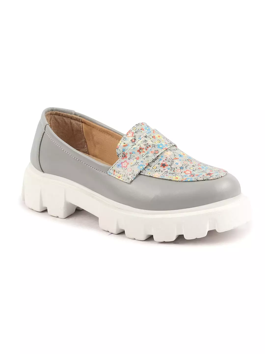 Women Grey Stiched Floral Print Classic Weekend Party Slip On Casual Shoes