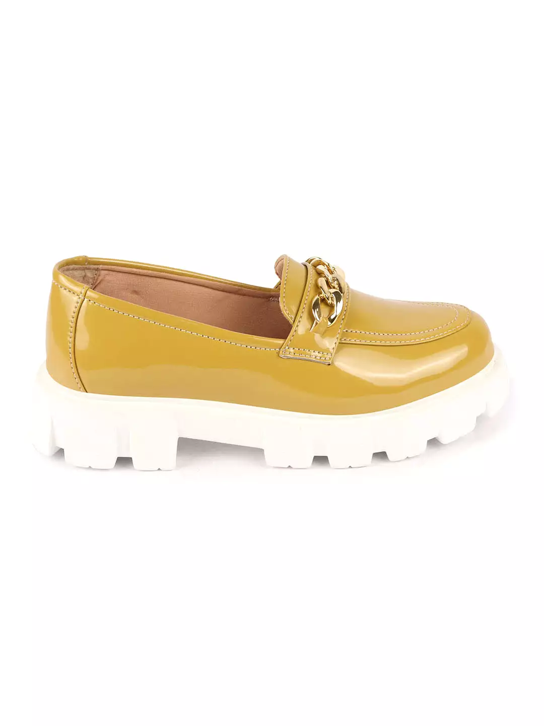 Women Mustard Patent Leather Shiny Chain Buckle Classic Casual Slip On Loafer Shoes